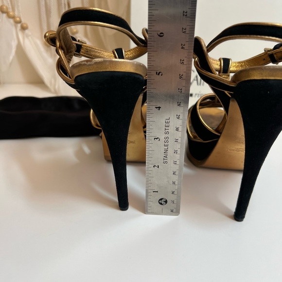 Yves Saint Laurent YSL Suede Black Gold Cutout Accent T-Strap Sandals - Picture 9 of 13